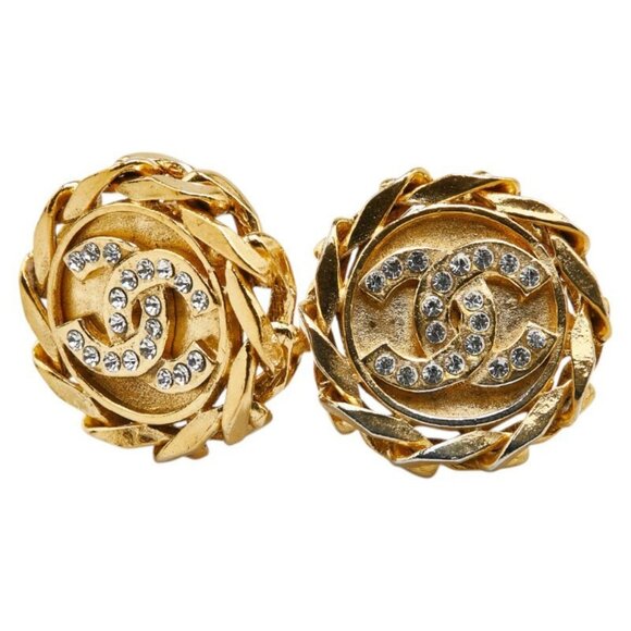 CHANEL CC Logos Rhinestone Round Twist Clip-On Earrings Gold Tone 23 Auth w/Box - Picture 2 of 6